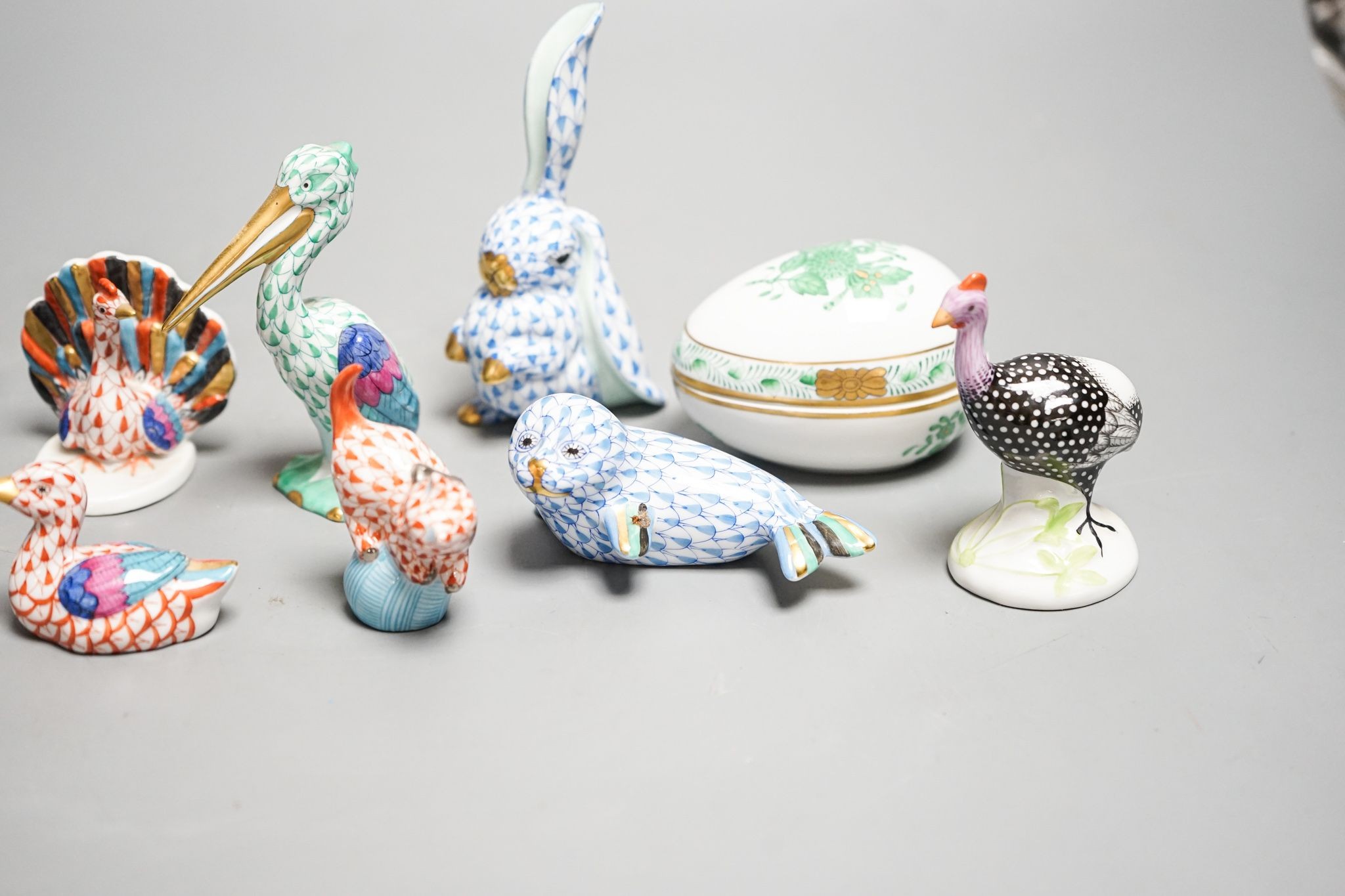 11 Herend porcelain animals and a similar egg shaped box
